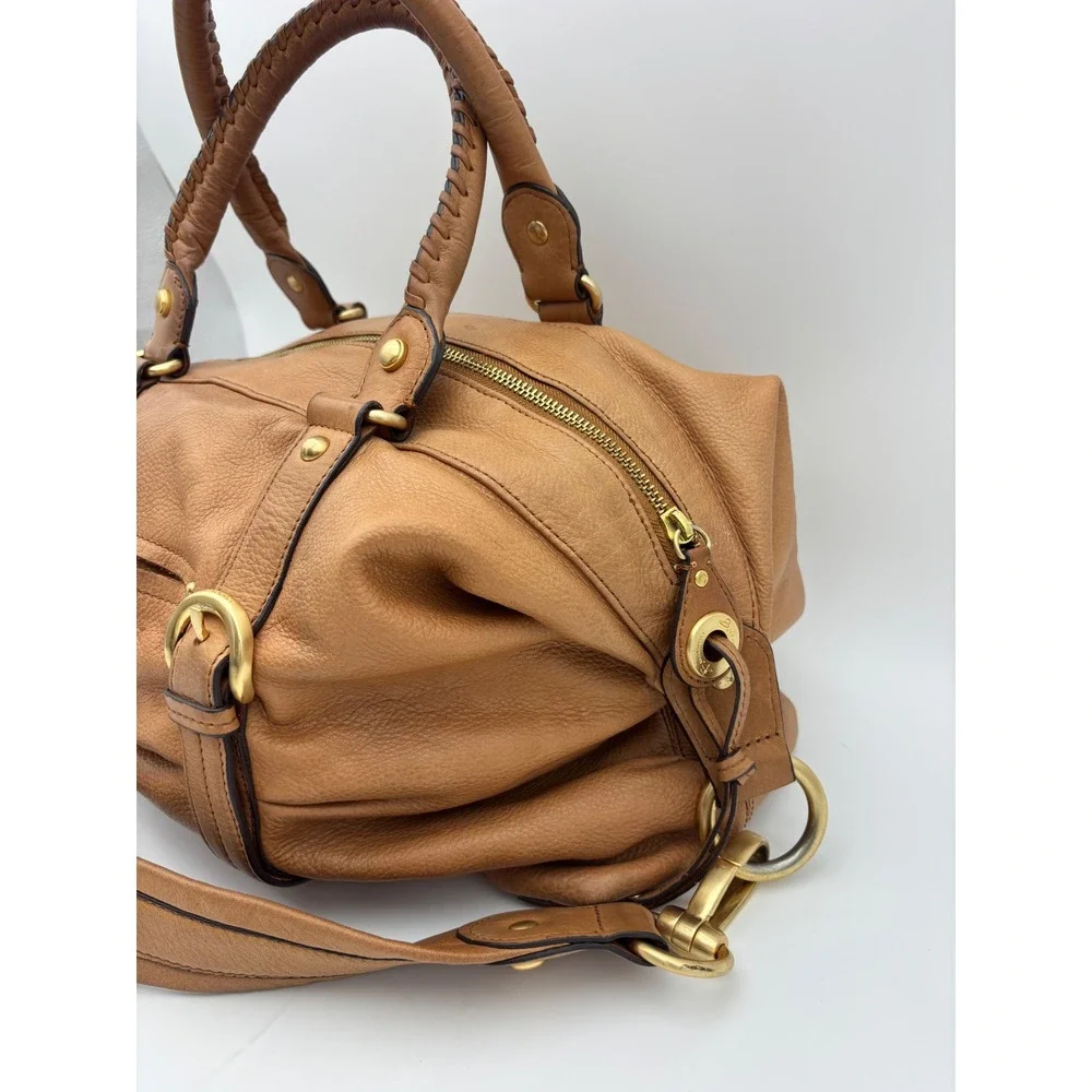 B MAKOWSKY Tan Leather Handbag Satchel Bag Double Handle Boho‎ Slouch Gold Camel